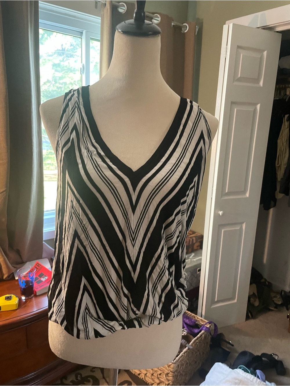 Max Studio Black and White V-Neck Striped Tank